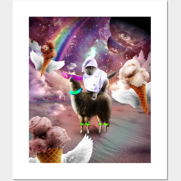 Cat Riding Llama With Flying Space Ice Cream Wall Art by Random Galaxy